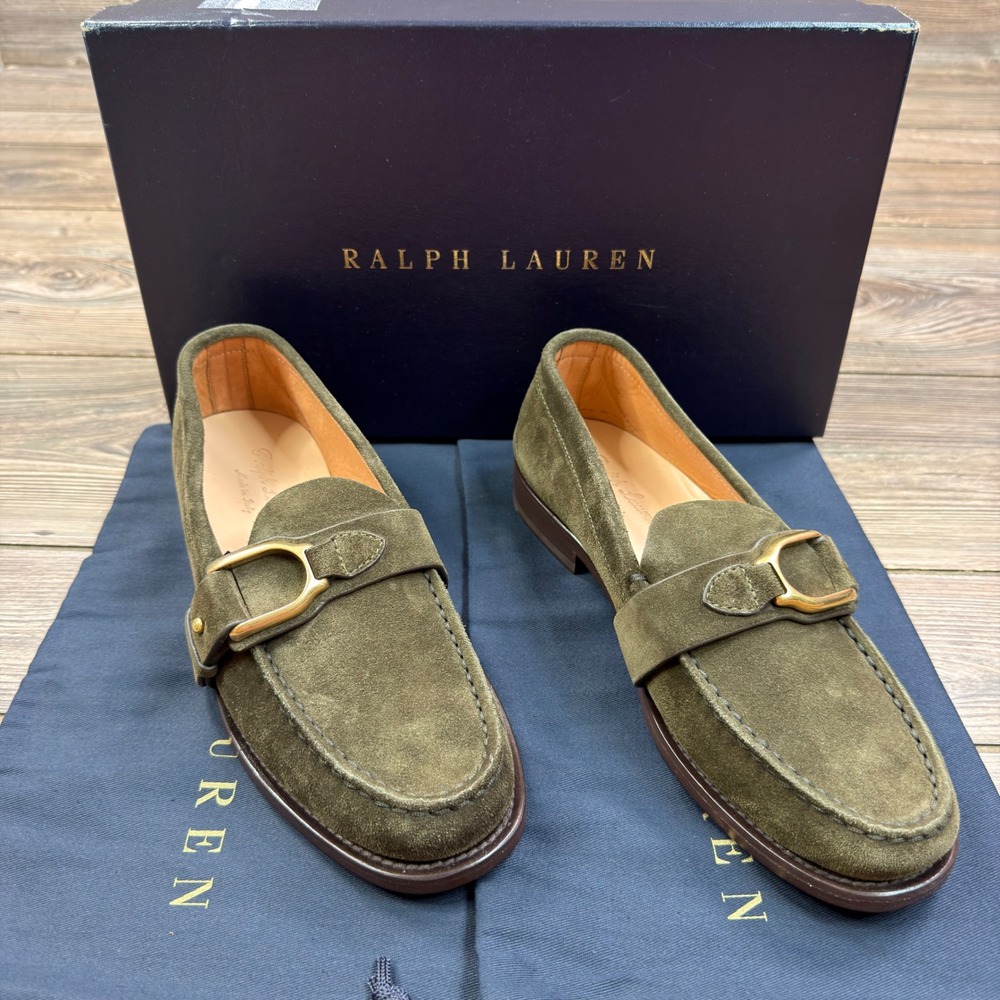 Ralph Lauren Purple Label Mens Size 7 Perrin Loafers Olive Green Suede Italy NEW
